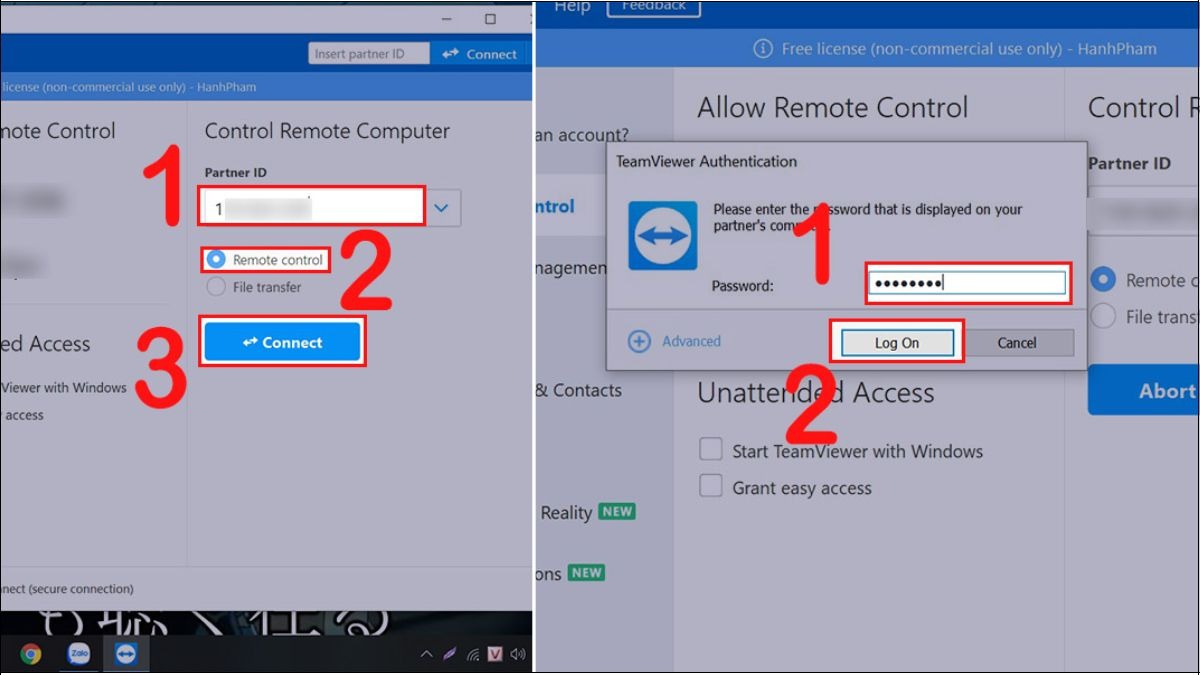 Cài đặt TeamViewer trên cả hai máy. Nhập ID và mật khẩu để kết nối