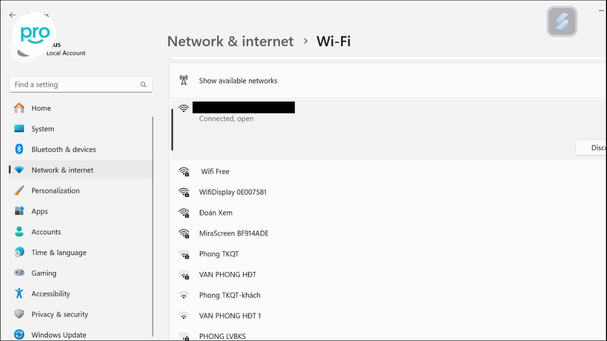 Mở Settings > Network & internet > Wi-Fi > Show available networks