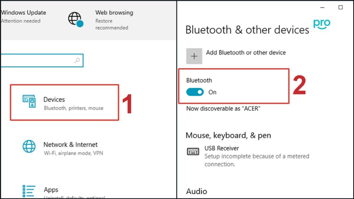 Trên laptop Windows: Vào Settings > Devices > Bluetooth & other devices > Bật On