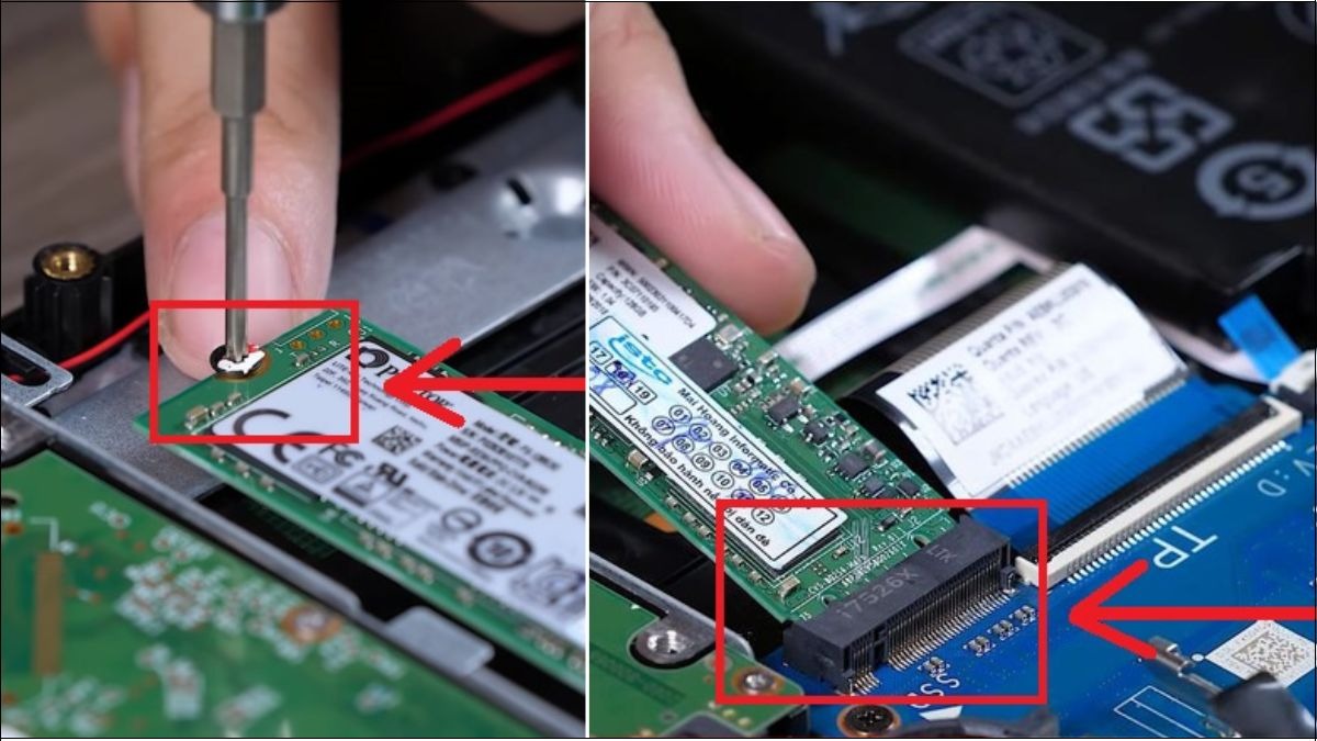Tháo ốc vít cố định SSD và nhẹ nhàng rút SSD ra khỏi khe cắm