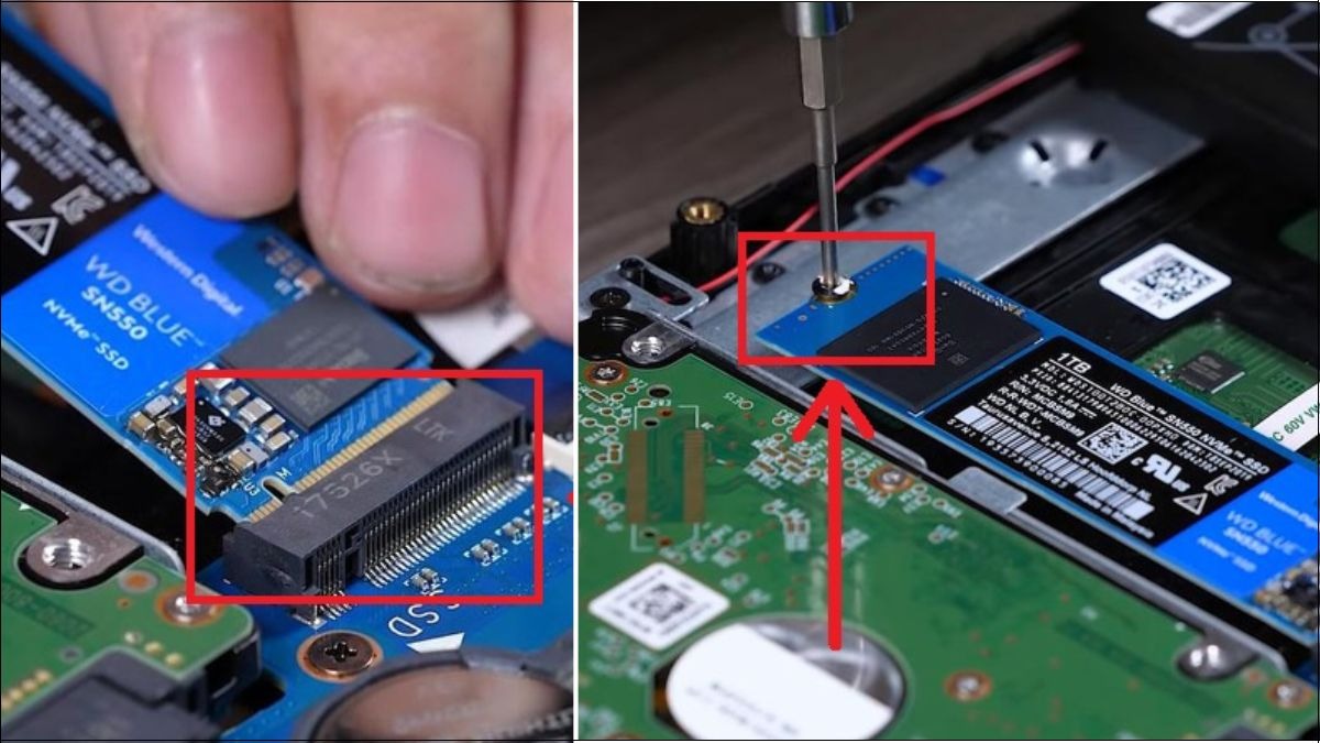 Căn chỉnh SSD mới với khe cắm và ấn nhẹ, sau đó vặn ốc vít để cố định SSD
