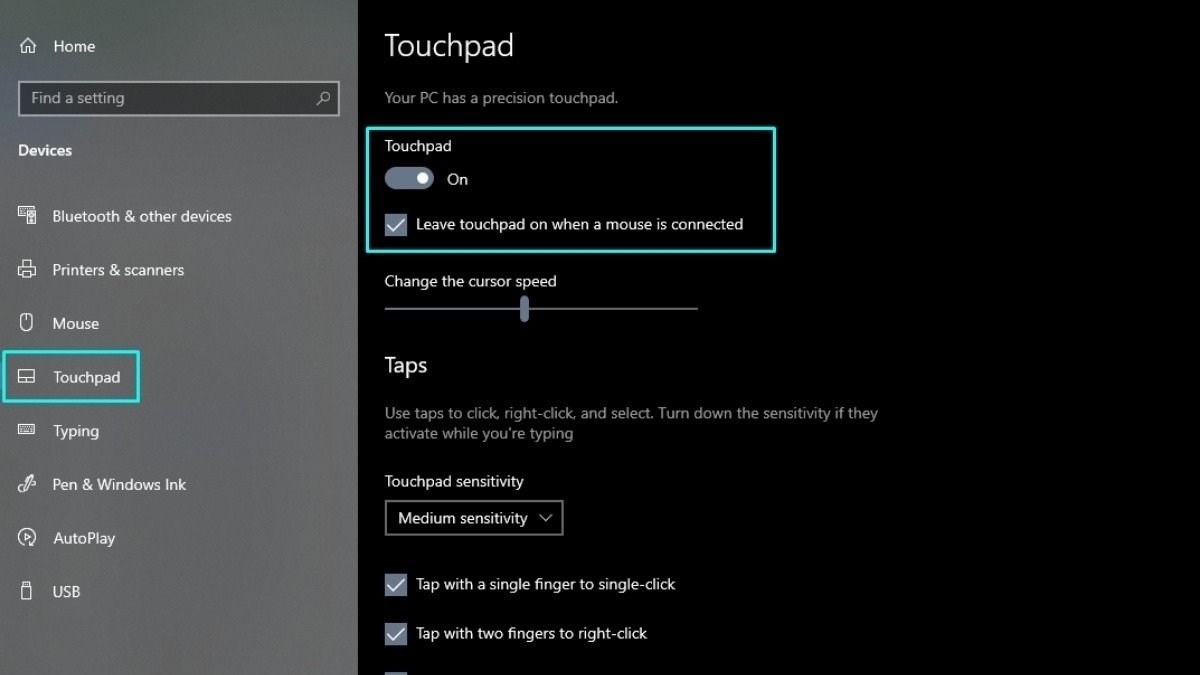 Truy cập cài đặt Touchpad