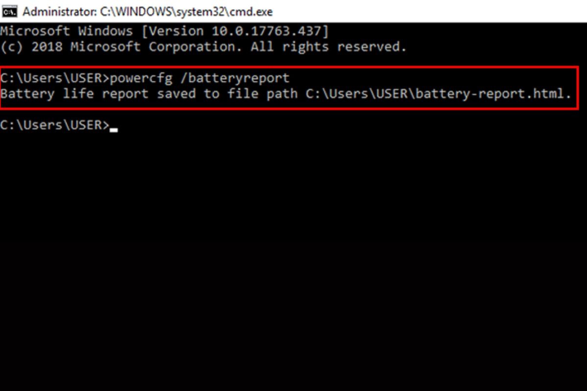 Sử dụng lệnh powercfg /batteryreport trong Command Prompt