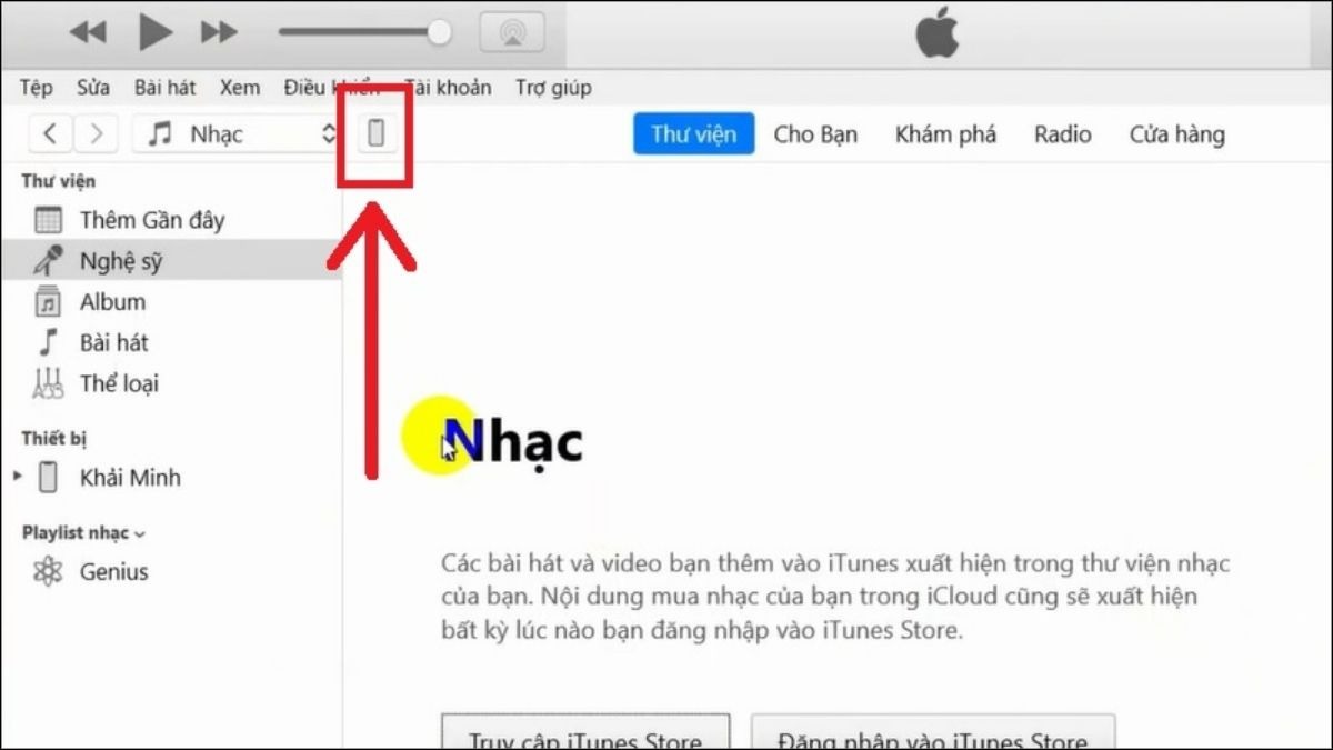 Sau khi mở phần mềm iTunes, bạn nhấp vào biểu tượng thiết bị (hình chiếc iPhone) ở góc trên bên trái của cửa sổ iTunes.