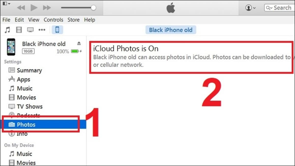 Trong thanh menu bên trái, bạn chọn Photos (Ảnh). Nếu thấy thông báo chế độ đồng bộ hình ảnh iCloud đang được bật (iCloud Photo is On), bạn có thể lập tức thực hiện copy ảnh vào iPhone.