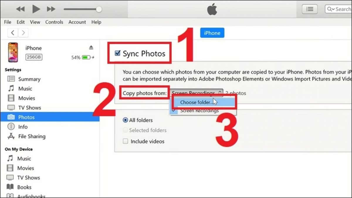 Nếu chế đồng bộ hình ảnh đang tắt, bạn chọn Sync Photos (Đồng bộ hóa ảnh), sau đó chọn thư mục chứa ảnh bạn muốn chuyển từ Copy photos from, sau đó chọn Choose folder.
