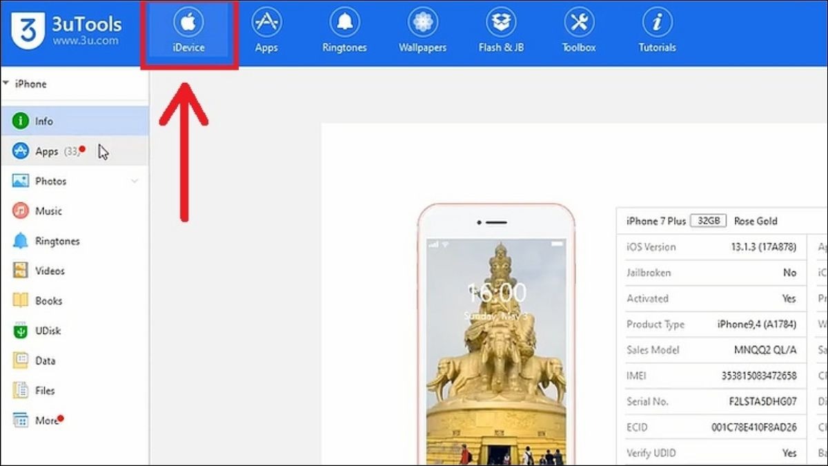 Đầu tiên, bạn mở phần mềm 3uTools, kết nối iPhone với laptop rồi chọn vào hình quả táo khuyết iDevice.