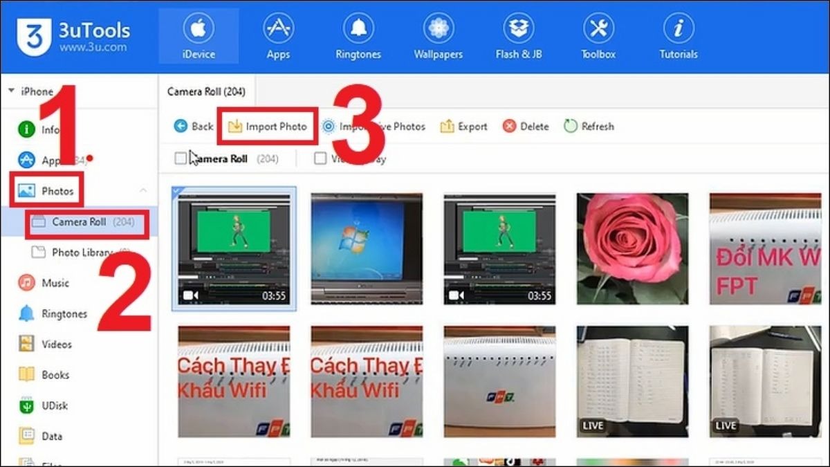 Kế tiếp, bạn nhân chọn mục Photos, sau đó chọn Camera Roll rồi chọn Import Photo.