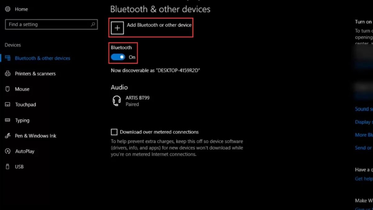 Bật Bluetooth trên cả laptop và iPhone, sau đó bạn tìm tùy chọn Add a Bluetooth device (Thêm thiết bị Bluetooth) hoặc tương tự trong cài đặt Bluetooth