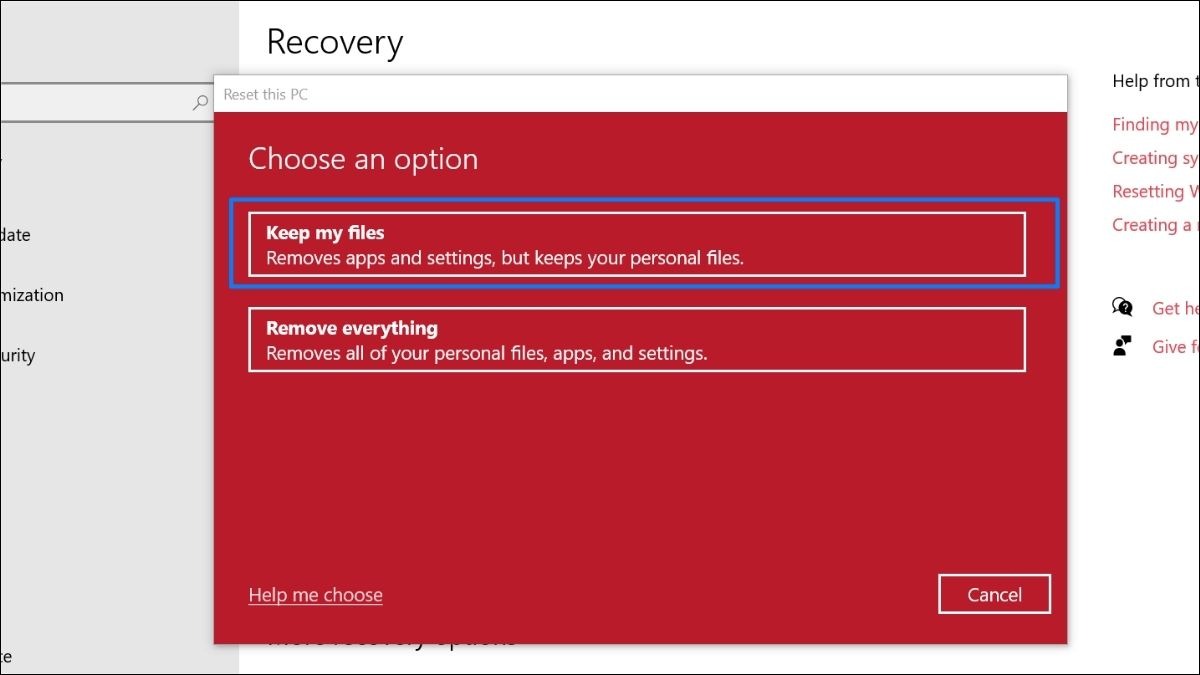 Nếu bạn chọn Keep my files, dữ liệu cá nhân sẽ được giữ lại