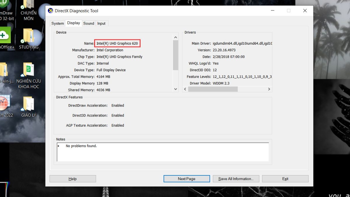 Quan sát phần Device, bạn chú ý đến dòng Name. Dòng này hiển thị tên card đồ họa, ví dụ như NVIDIA GeForce RTX 3050, AMD Radeon RX 6600M, hoặc Intel Iris Xe Graphics.