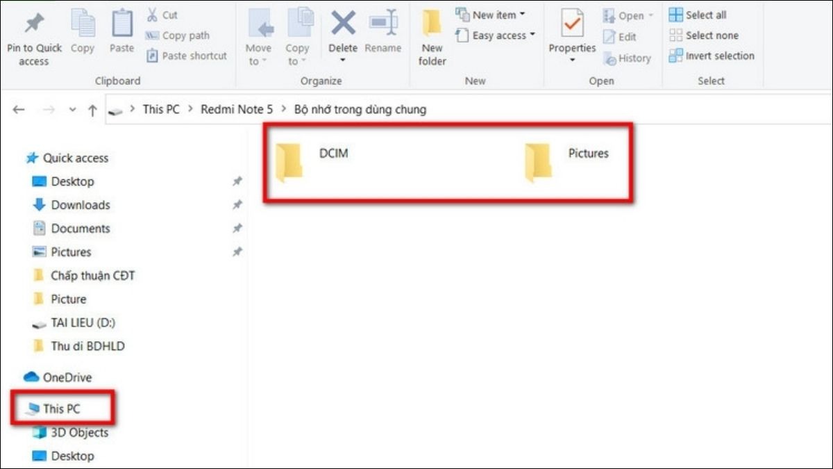 Tìm đến thư mục chứa ảnh (thường là DCIM hoặc Pictures). Chọn những ảnh cần chuyển, sao chép (Ctrl + C) và dán (Ctrl + V) vào thư mục bạn muốn lưu trữ trên máy tính.