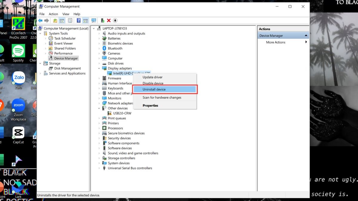 Nhấn chuột phải vào driver màn hình hiện tại và chọn Uninstall device rồi xác nhận gỡ cài đặt.