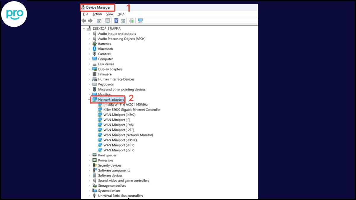 Mở Device Manager > Network Adapters > xem thông tin chi tiết của card wifi