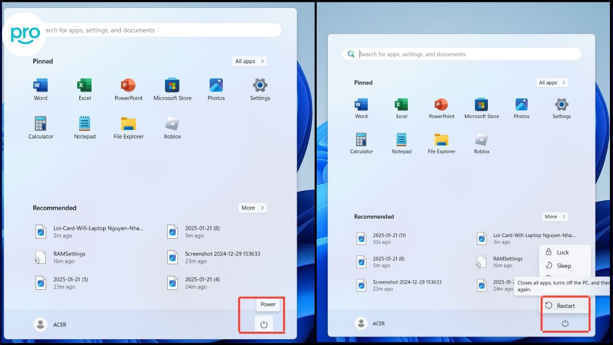 Khởi Động Lại Laptop bằng cách nhấn vào Start > Power > Restart
