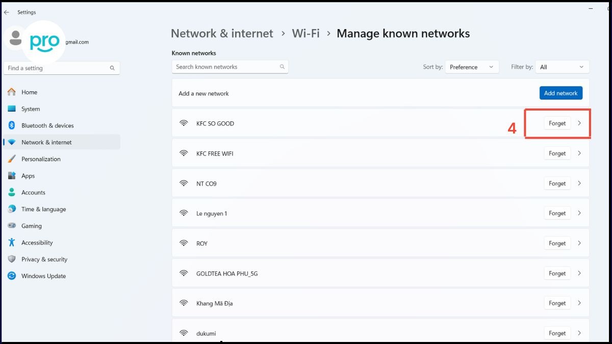 Chọn mạng wifi đang gặp vấn đề, nhấn Forget