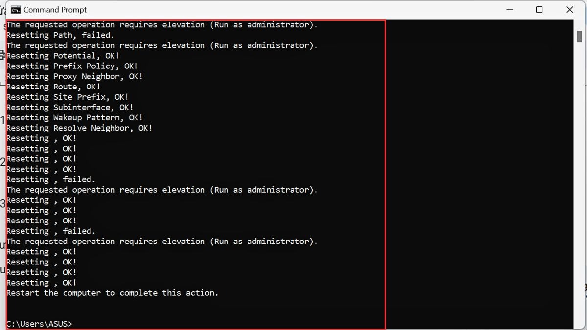 Gõ lệnh netsh int ip reset