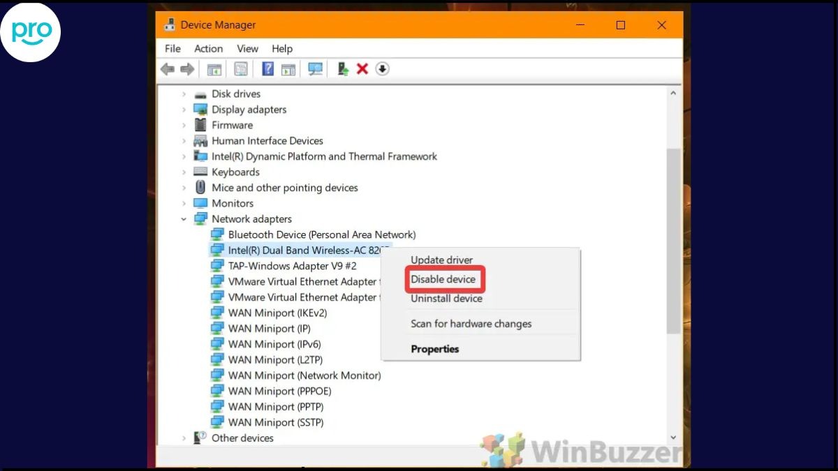Mở Device Manager > Network Adapters > card wifi > Disable device