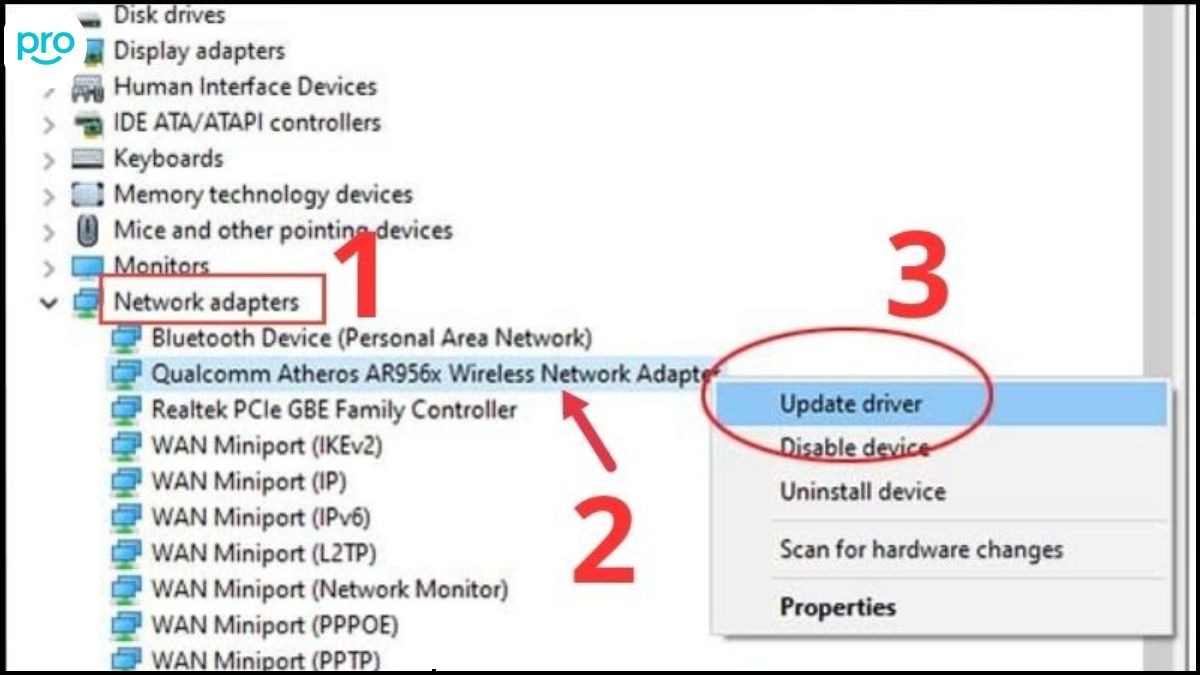 Trong Device Manager, click chuột phải vào card wifi, chọn Update driver