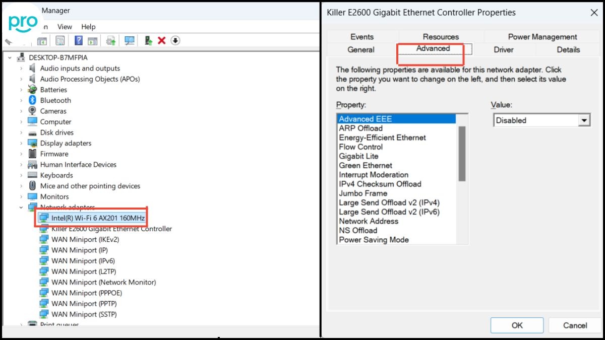 Mở Device Manager > Network Adapters > Chuyển sang tab Advanced