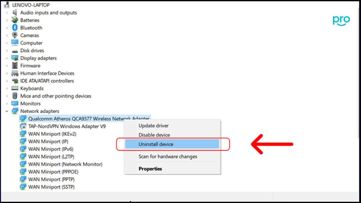Trong Device Manager, click chuột phải vào card wifi, chọn Uninstall device