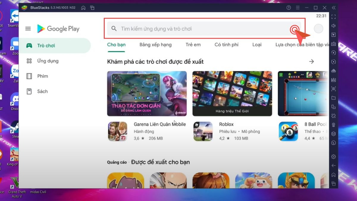 Mở cửa hàng CH Play ngay trên giao diện chính của BlueStacks.