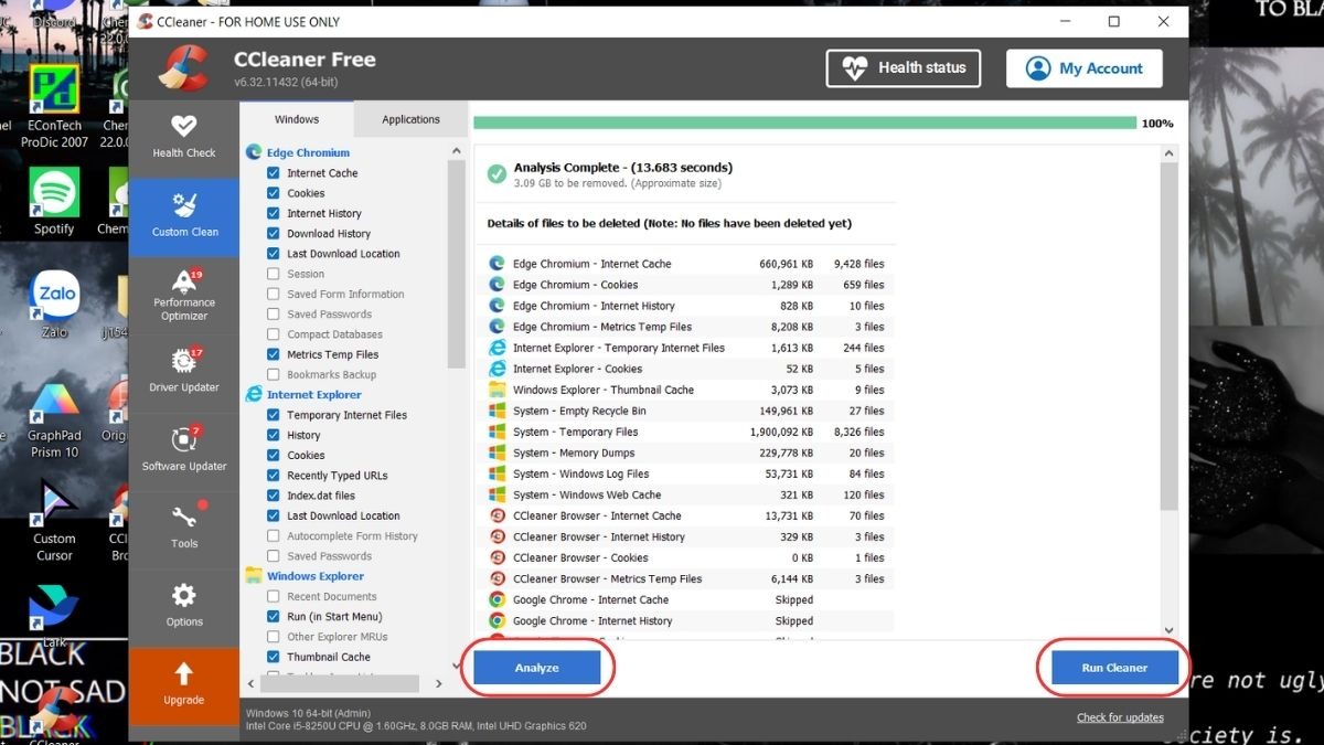 Mở CCleaner, chọn mục Cleaner (Trình dọn dẹp), nhấn Analyze (Phân tích) rồi Run Cleaner (Chạy Trình dọn dẹp) để xóa tập tin rác.