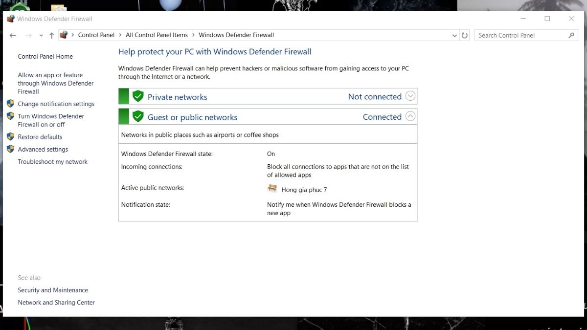 Tạm thời tắt tường lửa Windows Defender (tìm kiếm Windows Defender Firewall trong menu Start).