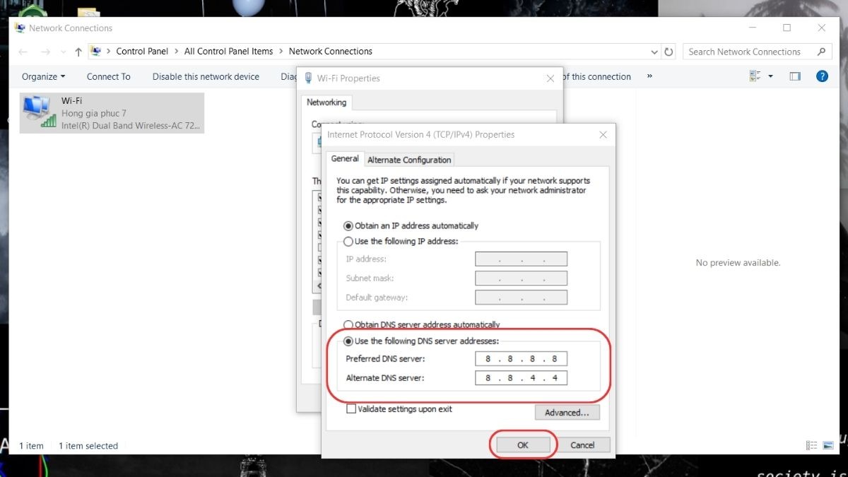 Chọn Use the following DNS server addresses (Sử dụng các địa chỉ máy chủ DNS sau), nhập DNS của Google: 8.8.8.8 (Preferred) và 8.8.4.4 (Alternate), sau đó nhấn OK.