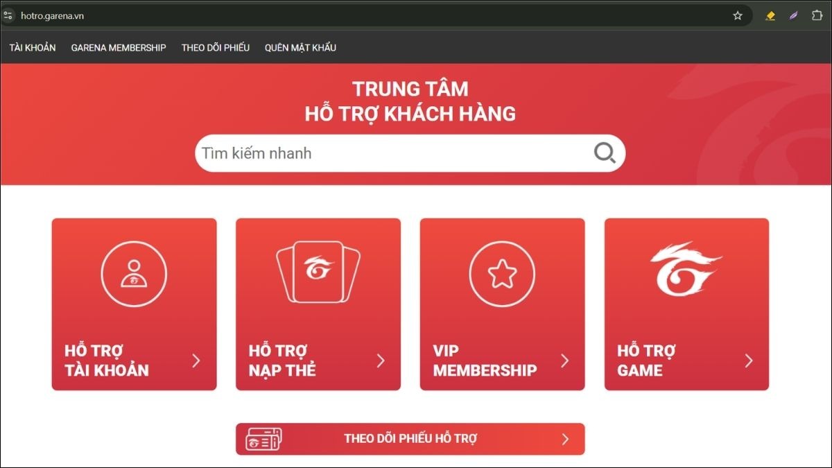 Truy cập trang web hỗ trợ khách hàng của Garena tại: https://hotro.garena.vn/