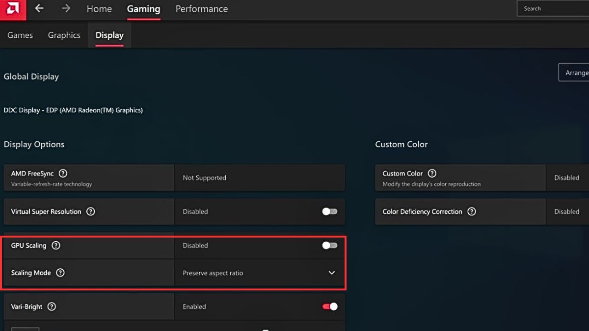 Điều chỉnh các cài đặt như Scaling Mode và GPU Scaling