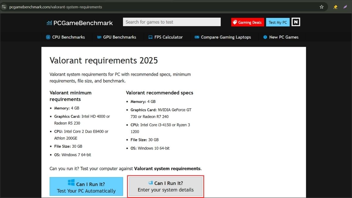 Sau đó, bạn nhấn chọn “Can I Run It / Enter your system details” để nhập thông tin laptop của bạn.
