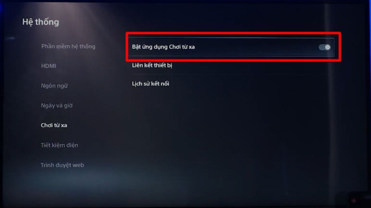 Mở PS4 và vào Cài đặt -> Cài đặt kết nối Chơi từ xa -> Tích chọn Bật Chơi từ xa