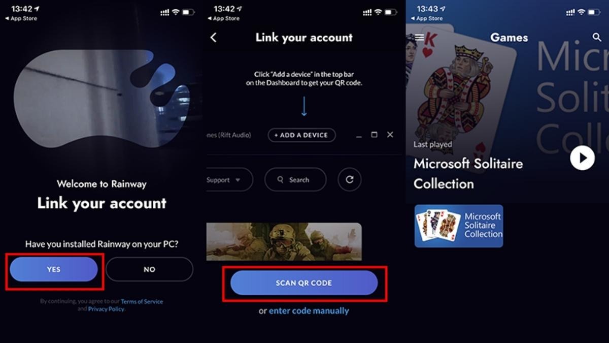 Mở Rainway trên điện thoại → Quét mã QR hiển thị trên PC
