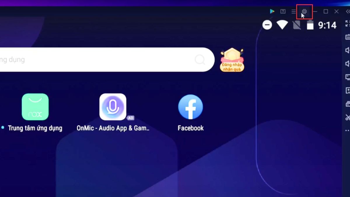 Mở NoxPlayer và nhấp vào biểu tượng Cài đặt (hình bánh răng cưa) ở góc trên bên phải.