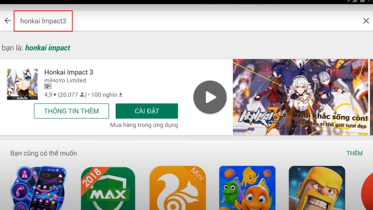 Tìm kiếm Honkai Impact 3 trong thanh tìm kiếm của Google Play.
