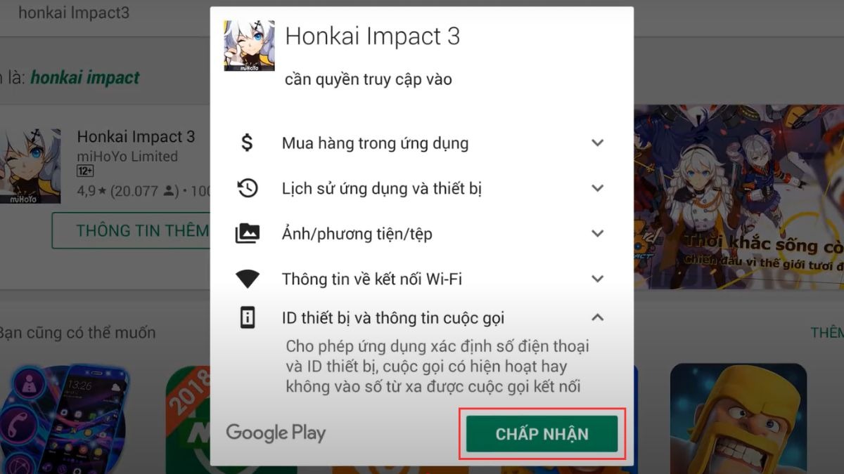 Nhấn vào nút Cài đặt và chờ đợi quá trình tải xuống và bấm Chấp nhận để cài đặt game hoàn tất.