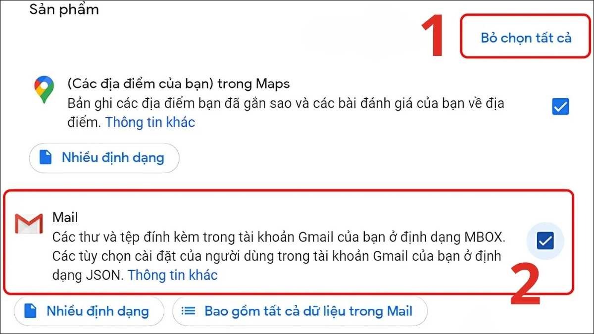Bỏ chọn tất cả, chọn Mail > Bước tiếp theo