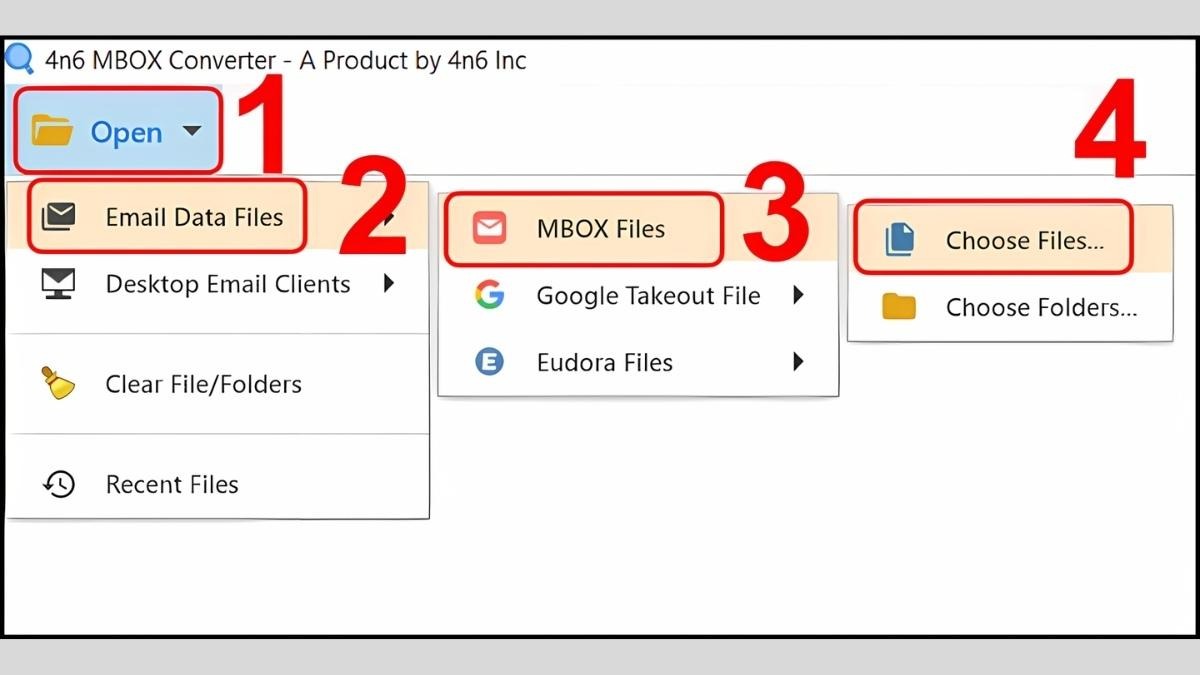 Chọn Open > Email Data Files > MBOX Files > Choose Files