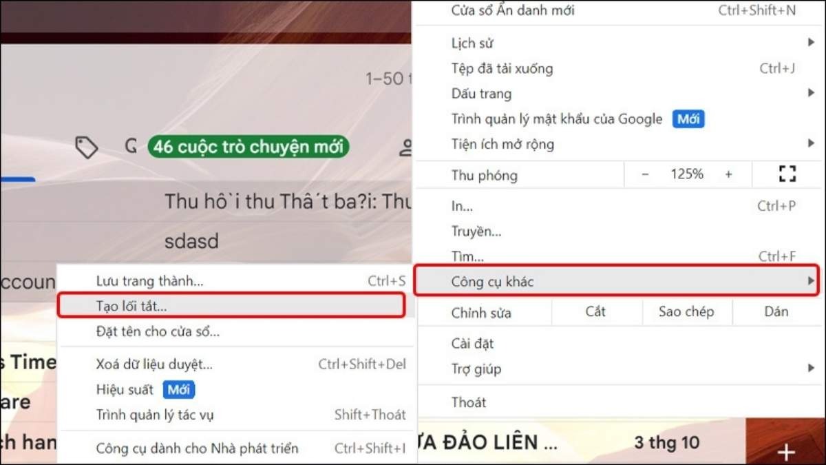 Di chuột đến mục Công cụ khác và chọn Tạo lối tắt...