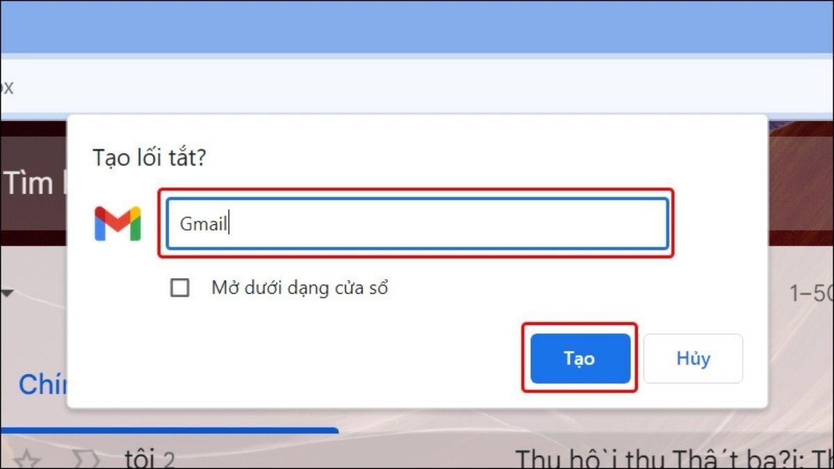 Đặt tên cho shortcut (mặc định là Gmail)