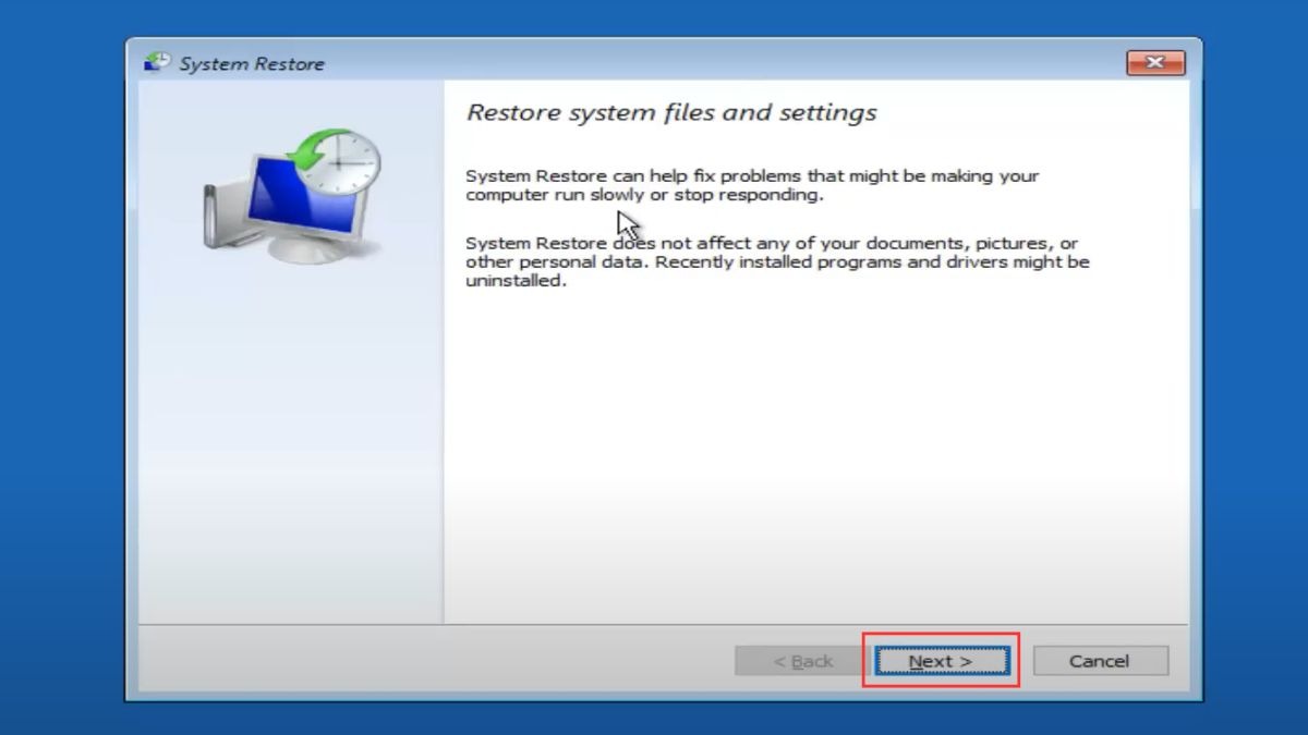 Bạn chọn điểm khôi phục hệ thống Windows gần nhất thời điểm máy tính của bạn hoạt động bình thường. Sau đó, bạn nhấn Next để tiếp tục.