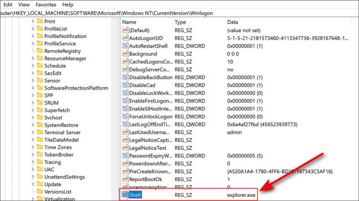 Ở khung bên phải, bạn tìm khóa Shell. Bạn nhấp đúp chuột vào khóa Shell để chỉnh sửa Value Data thành explorer.exe