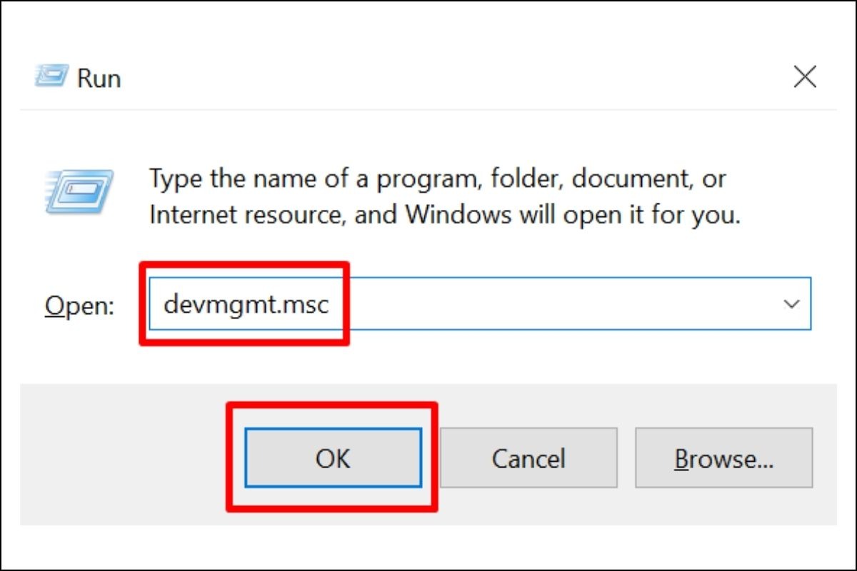 Nhấn tổ hợp phím Windows + R để mở hộp thoại Run, gõ devmgmt.msc và nhấn Enter