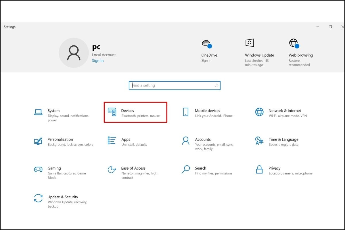 Mở Settings bằng cách nhấn tổ hợp phím Windows + I hoặc click vào biểu tượng Settings