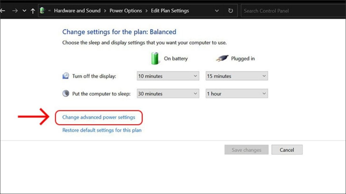 Nhấn vào Change advanced power settings