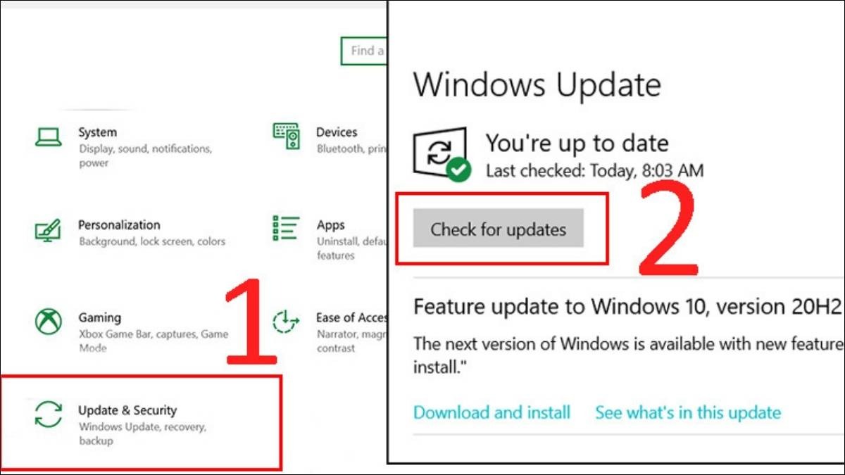 Chọn Update & Security và nhấn Check for updates