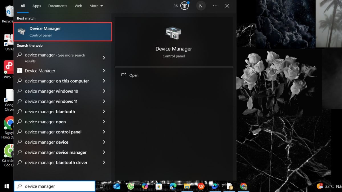 Mở Device Manager (Trình quản lý thiết bị) bằng cách tìm kiếm Device Manager trong thanh tìm kiếm của Windows.