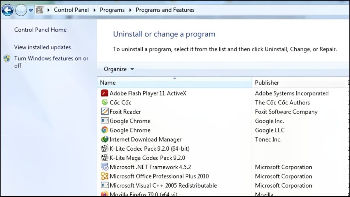 Vào Control Panel > Programs and Features > Tìm và gỡ cài đặt (Uninstall) các bộ gõ tiếng Việt khác