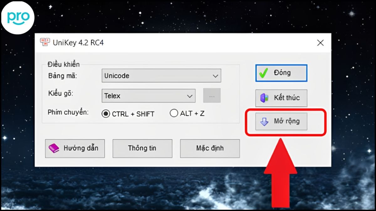Click chuột phải vào biểu tượng Unikey, chọn Bảng điều khiển, vào phần Mở rộng